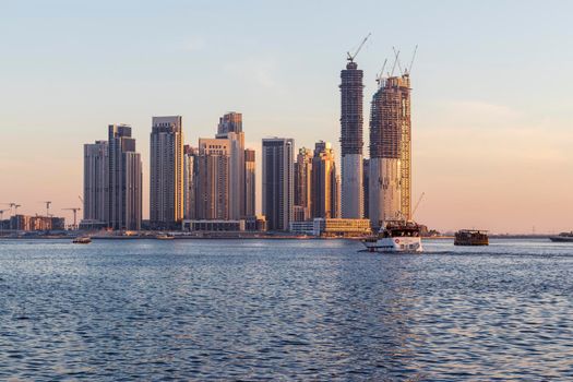 Dubai, UAE - 04.17.2021 Dubai creek harbour development by EMAAR. UAE. Shot made from Dubai Festival city side.