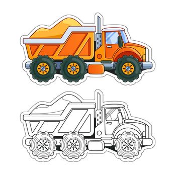 Orange Truck with Sand Side View Coloring Book. Colored Version and Line Art