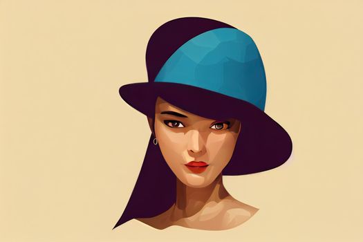 2d illustrated young woman wearing earrings and a hat. High quality 3d illustration