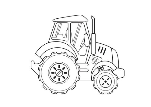 Blue Tractor Side View Coloring Book. Line Art isolated on a white background.