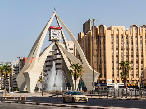 Dubai, UAE - 07.14.2021 One of the oldest landmarks, clock tower roundabout.