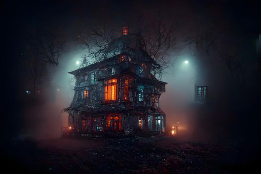 dark haunted house with illuminated windows at spooky misty dark halloween night, neural network generated art. Digitally generated image. Not based on any actual scene or pattern.