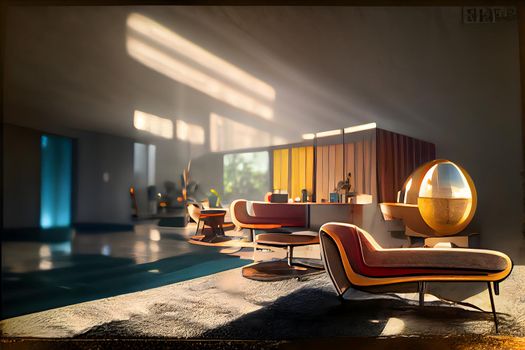 mid century modern style interior, neural network generated art. Digitally generated image. Not based on any actual scene or pattern.