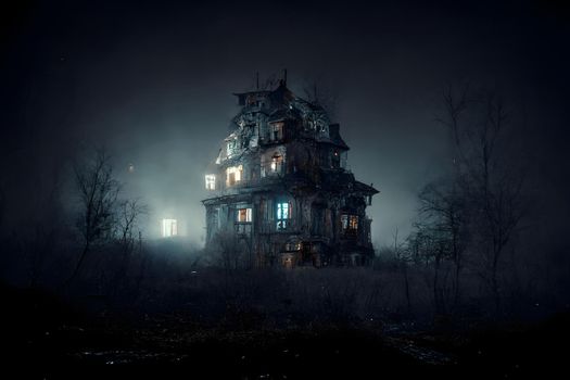 dark haunted house with illuminated windows at spooky misty dark halloween night, neural network generated art. Digitally generated image. Not based on any actual scene or pattern.