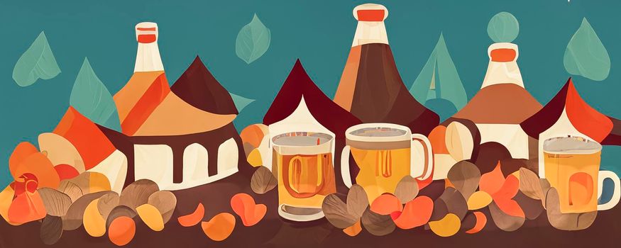 Cartoon set Oktoberfest design elements. Flat illustration of beer barrels, beer glasses. Clip art