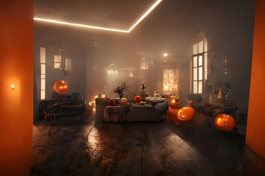 halloween decorated home interior with costumed figures and smoke or fog, neural network generated art. Digitally generated image. Not based on any actual scene or pattern.