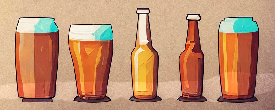 Set of glasses with beer in cartoon style. Illustration of drink