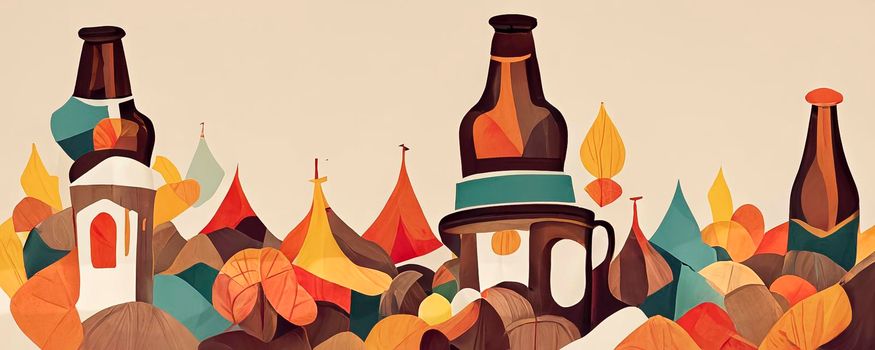 Cartoon set Oktoberfest design elements. Flat illustration of beer barrels, beer glasses. Clip art
