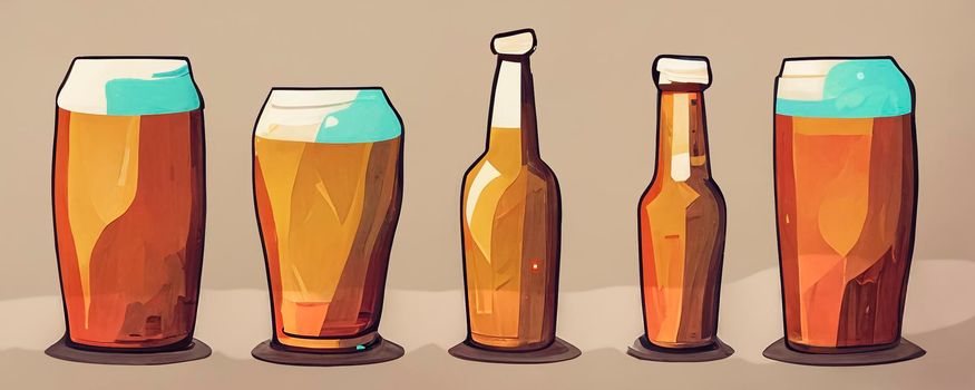 Set of glasses with beer in cartoon style. Illustration of drink