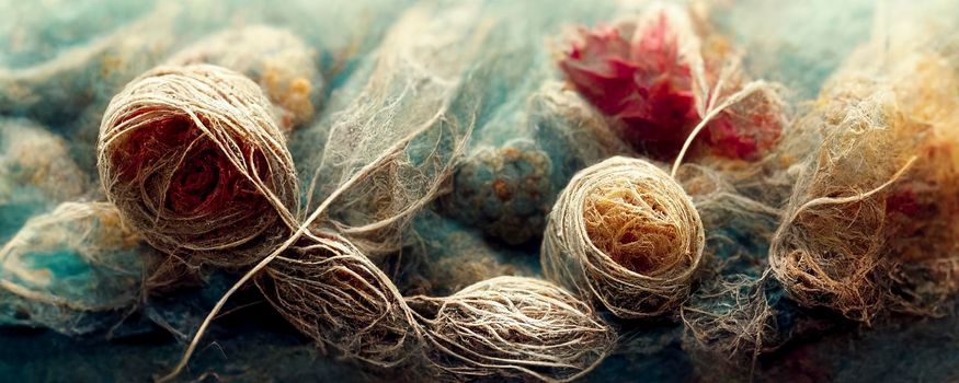 Abstract top-view illustration of the background of multicolored tangled threads, close-up of the colorful stack of thread