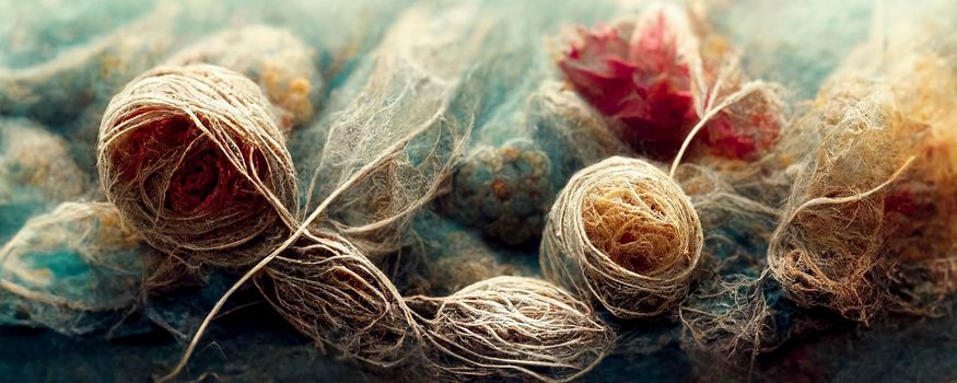 Abstract top-view illustration of the background of multicolored tangled threads, close-up of the colorful stack of thread