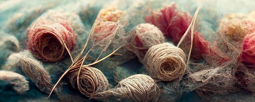 Abstract top-view illustration of the background of multicolored tangled threads, close-up of the colorful stack of thread