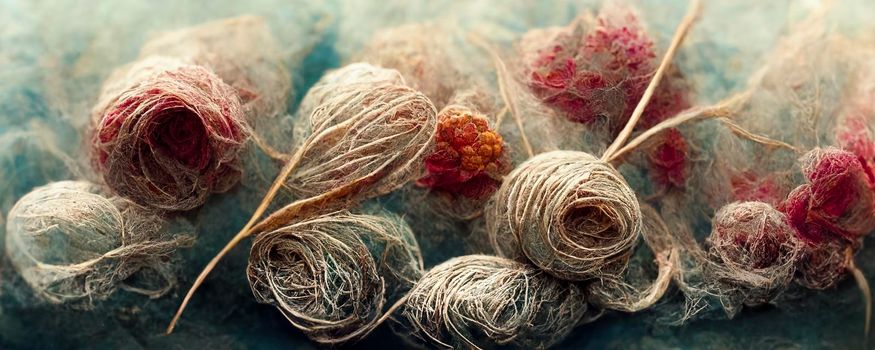 Abstract top-view illustration of the background of multicolored tangled threads, close-up of the colorful stack of thread