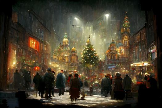 night crowded christmas european town street, neural network generated art. Digitally generated image. Not based on any actual scene or pattern.