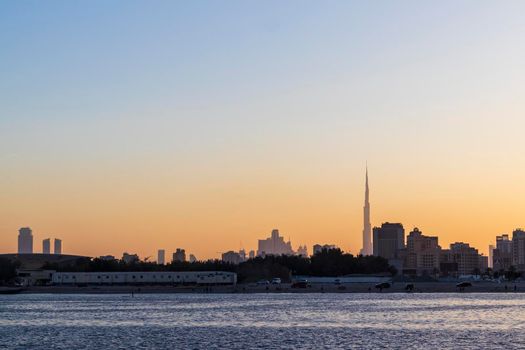 Dubai, UAE - 04.17.2021 Al Jadaf area of Dubai with tallest building in the world Burj Khalifa on the background