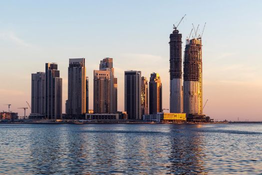 Dubai, UAE - 04.17.2021 Dubai creek harbour development by EMAAR. UAE. Shot made from Dubai Festival city side.