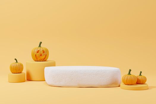 Minimal abstract Halloween background with stone podium for displaying product and pumpkin podium, 3D illustration with podium and pumpkins for Halloween, 3D rendering