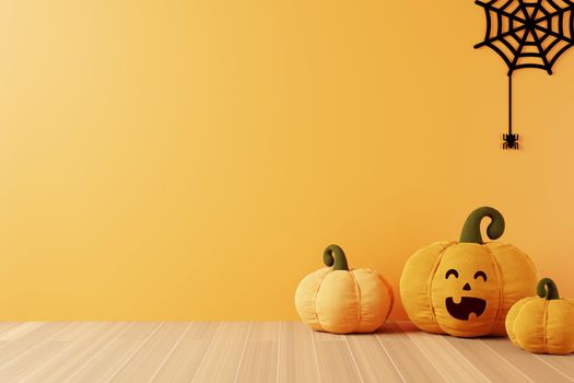 Orange background copysapce with smiling pumpkin and spider web for Halloween, space for displaying poduct, 3D rendering, Halloween orange theme with pumpkins and spider web 3D illustration.