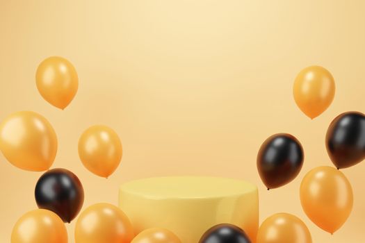 Minimal podium on orange background with orange and black balloons for Halloween, stand to show product, 3D rendering, orange halloween theme with podium and balloons 3D illustration.