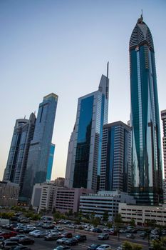 Skyscrapers along the Sheikh Zayed road in Dubai, UAE. Outdoors