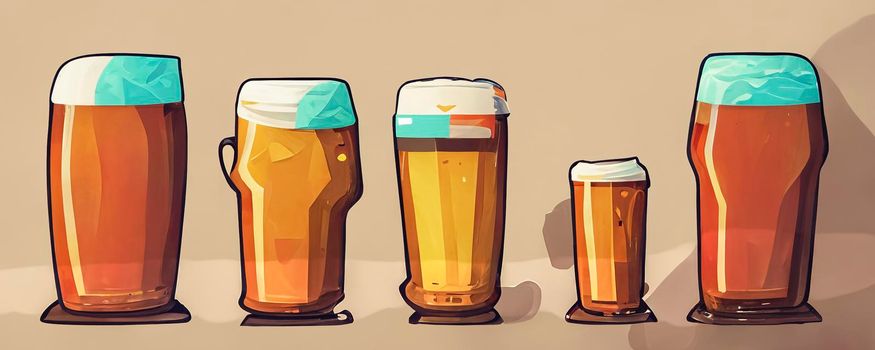 Set of glasses with beer in cartoon style. Illustration of drink