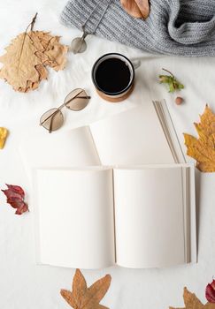 Back to school. Cozy autumn. Study and education concept. white blank book with autumn leaves and cup of hot tea on old table , mockup design