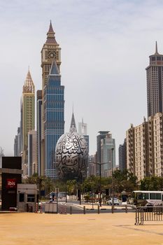 Dubai, UAE - 07.10.2021 Modern buildings along the road. Museum of future