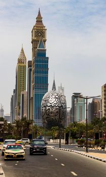 Dubai, UAE - 07.10.2021 Modern buildings along the road. Museum of future