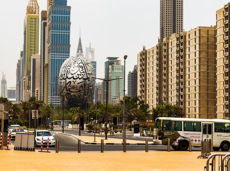 Dubai, UAE - 07.10.2021 Modern buildings along the road. Museum of future