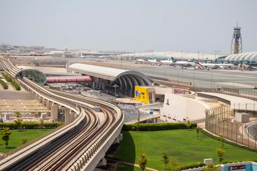 View of a Dubai international Airport, terminal 3. Terminal 3 metro station. Airport road. UAE. Outdoor