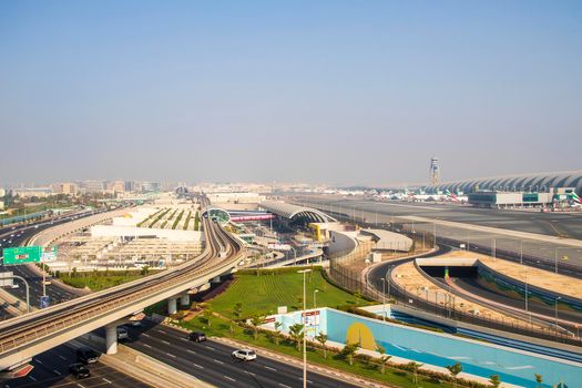 View of a Dubai international Airport, terminal 3. Terminal 3 metro station. Airport road. UAE.Outdoors