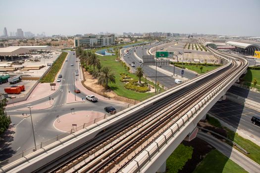 View of a Dubai international Airport, terminal 3. Terminal 3 metro station. Airport road. UAE. Outdoor