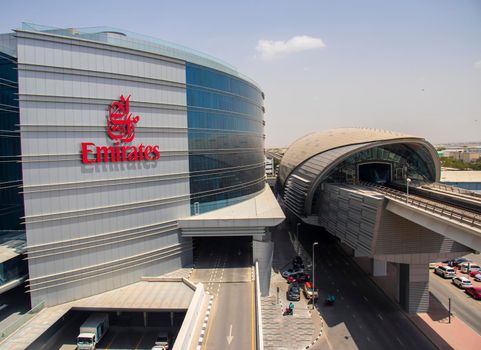 Emirates Airlines head quarters metro station in Dubai, UAE. Mid of the day shot