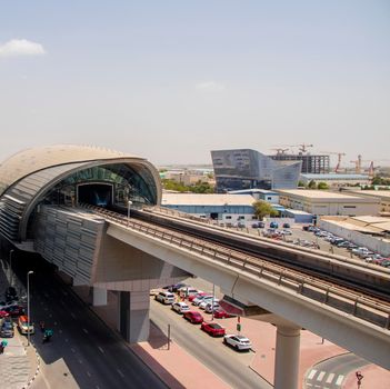 Emirates Airlines head quarters metro station in Dubai, UAE. Mid of the day shot