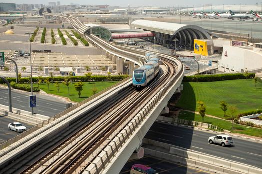 View of a Dubai international Airport, terminal 3. Terminal 3 metro station. Airport road. UAE. Outdoor