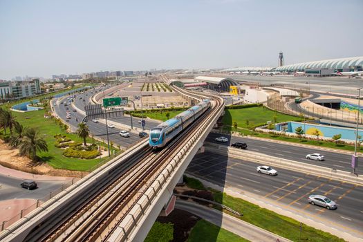 View of a Dubai international Airport, terminal 3. Terminal 3 metro station. Airport road. UAE. Outdoor