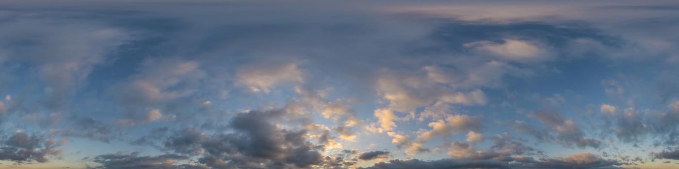 Sky panorama with Cirrus clouds in Seamless spherical equirectangular format. Full zenith for use in 3D graphics, game and editing aerial drone 360 degree panoramas for sky replacement