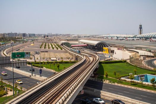 View of a Dubai international Airport, terminal 3. Terminal 3 metro station. Airport road. UAE. Outdoor