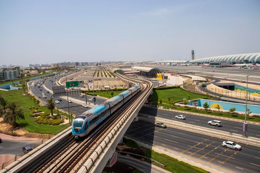 View of a Dubai international Airport, terminal 3. Terminal 3 metro station. Airport road. UAE. Outdoor