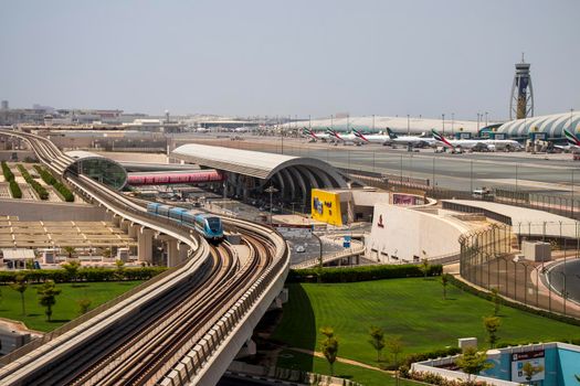 View of a Dubai international Airport, terminal 3. Terminal 3 metro station. Airport road. UAE. Outdoor