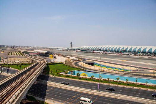 View of a Dubai international Airport, terminal 3. Terminal 3 metro station. Airport road. UAE. Outdoor