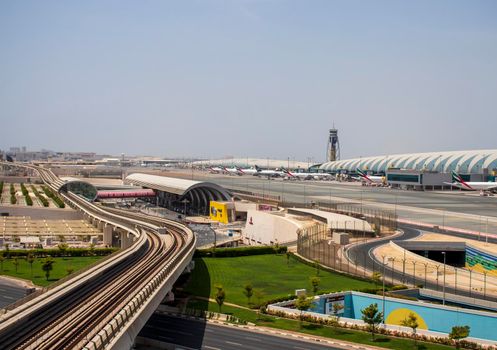 View of a Dubai international Airport, terminal 3. Terminal 3 metro station. Airport road. UAE. Outdoor