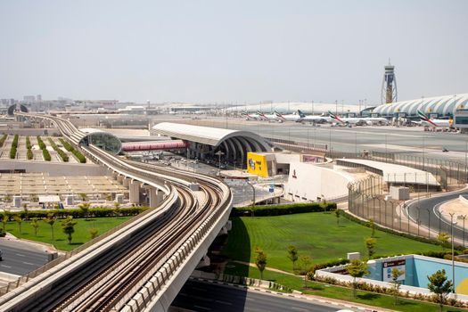 View of a Dubai international Airport, terminal 3. Terminal 3 metro station. Airport road. UAE. Outdoor