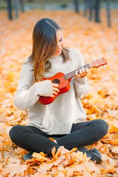 Ukulele in woman hands closeup playing an acoustic instrument ukulele in autumn outdoor.