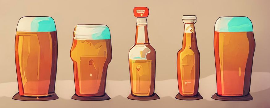 Set of glasses with beer in cartoon style. Illustration of drink