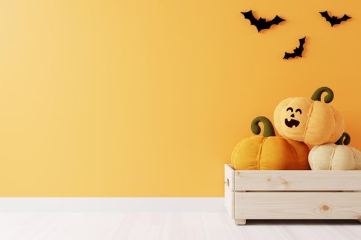 Orange background copyspace with smiling pumpkin in basket and bats for Halloween, minimal concept, 3D rendering, Halloween minimal orange theme with pumpkins and bats 3D illustration.