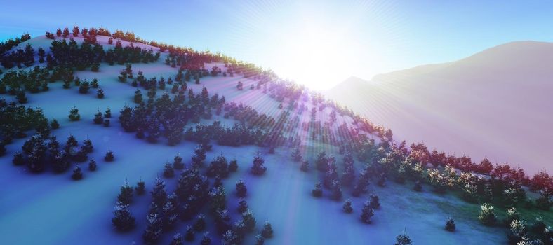 above winter forest mountain sunset 3D rendering illustration