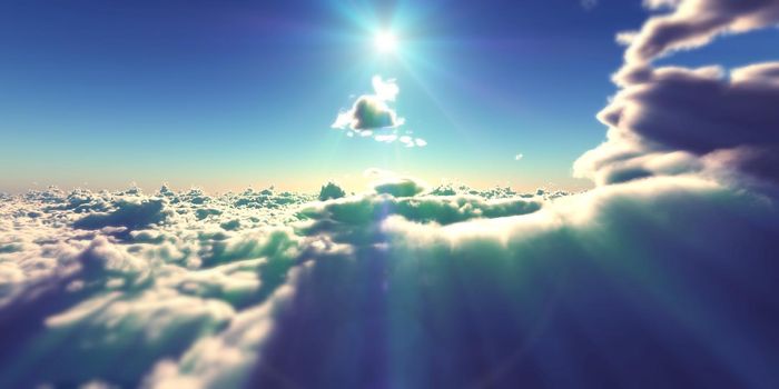 fly above clouds sunset landscape, 3d render illustration