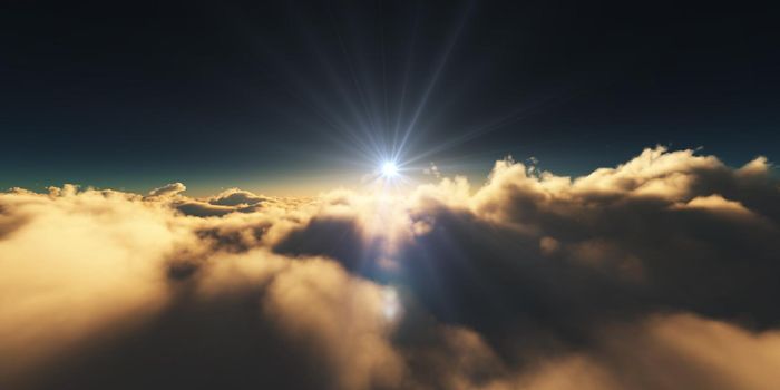 above clouds sunrise sun ray illustration, 3d rendering