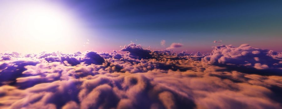 above clouds fly sunset sun ray illustration, 3d render